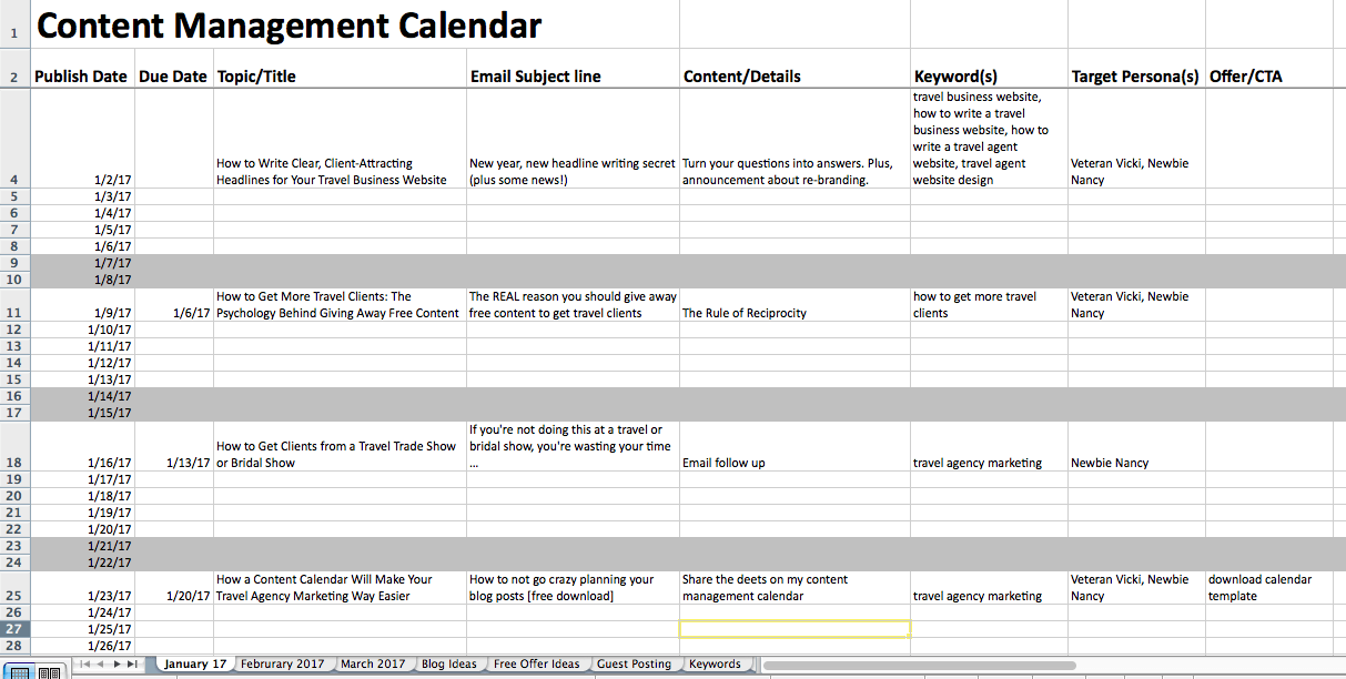 content marketing for travel agents - calendar